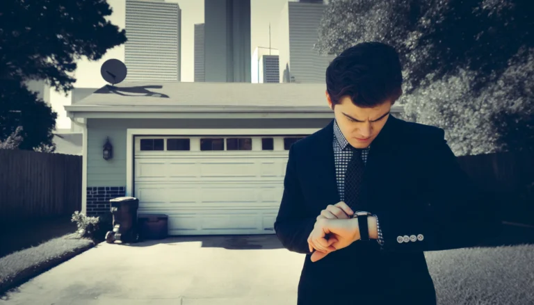 Resolving Common Garage Door Issues in College Station, TX: Repairing Non-Responsive Doors 1 DALL·E 2024 06 01 20.05.10 A person in business attire looking frustrated and checking their watch while standing in front of a garage door that wont open. The scene is set in