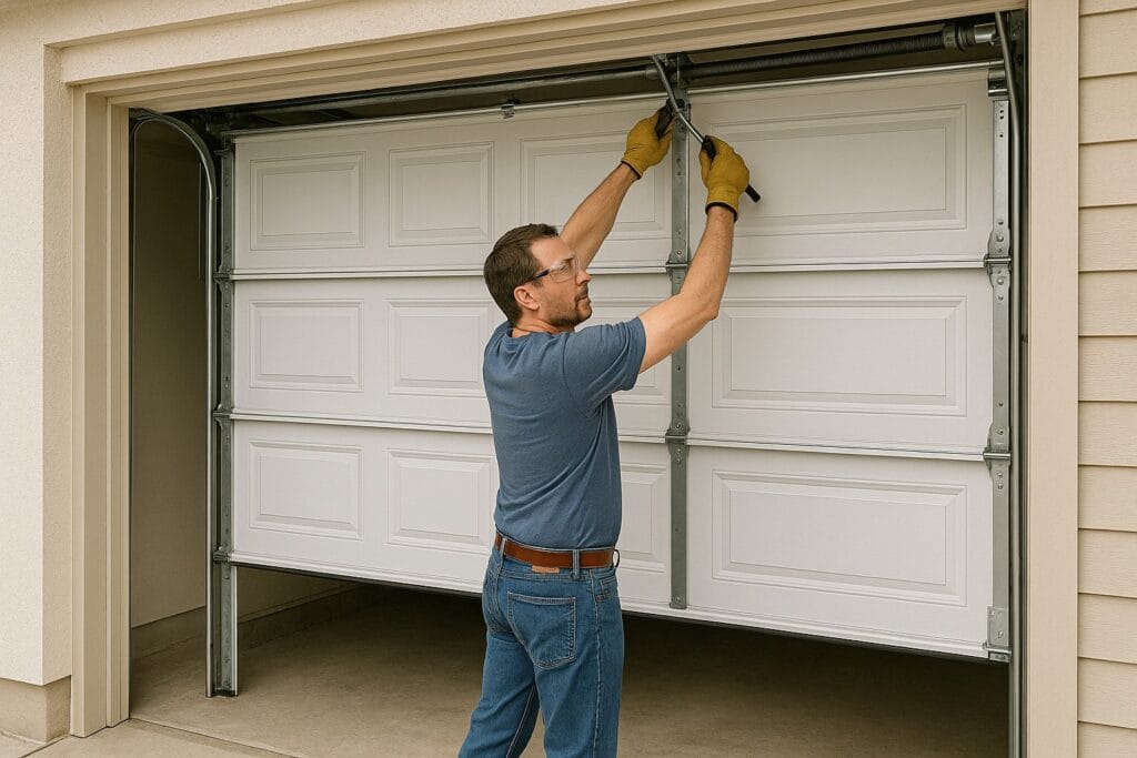 Garage Door Maintenance vs Repair: Know the Difference 3 Man attempting to repair a garage door torsion spring using hand tools, illustrating the complexity and safety risks involved in DIY garage door maintenance.