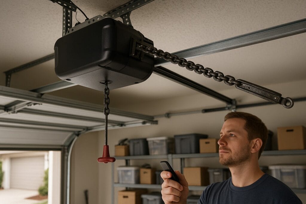 Fall Maintenance Tips to Avoid Emergency Garage Door Repair in Texas 3 Man operating a garage door opener with a chain drive mechanism, inspecting its function inside a residential garage.
