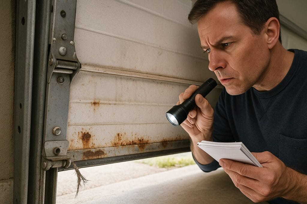 Garage Door Maintenance vs Repair: Know the Difference 2 Man inspecting the bottom section of a garage door with a flashlight, documenting visible rust and a frayed cable during a garage door maintenance check.