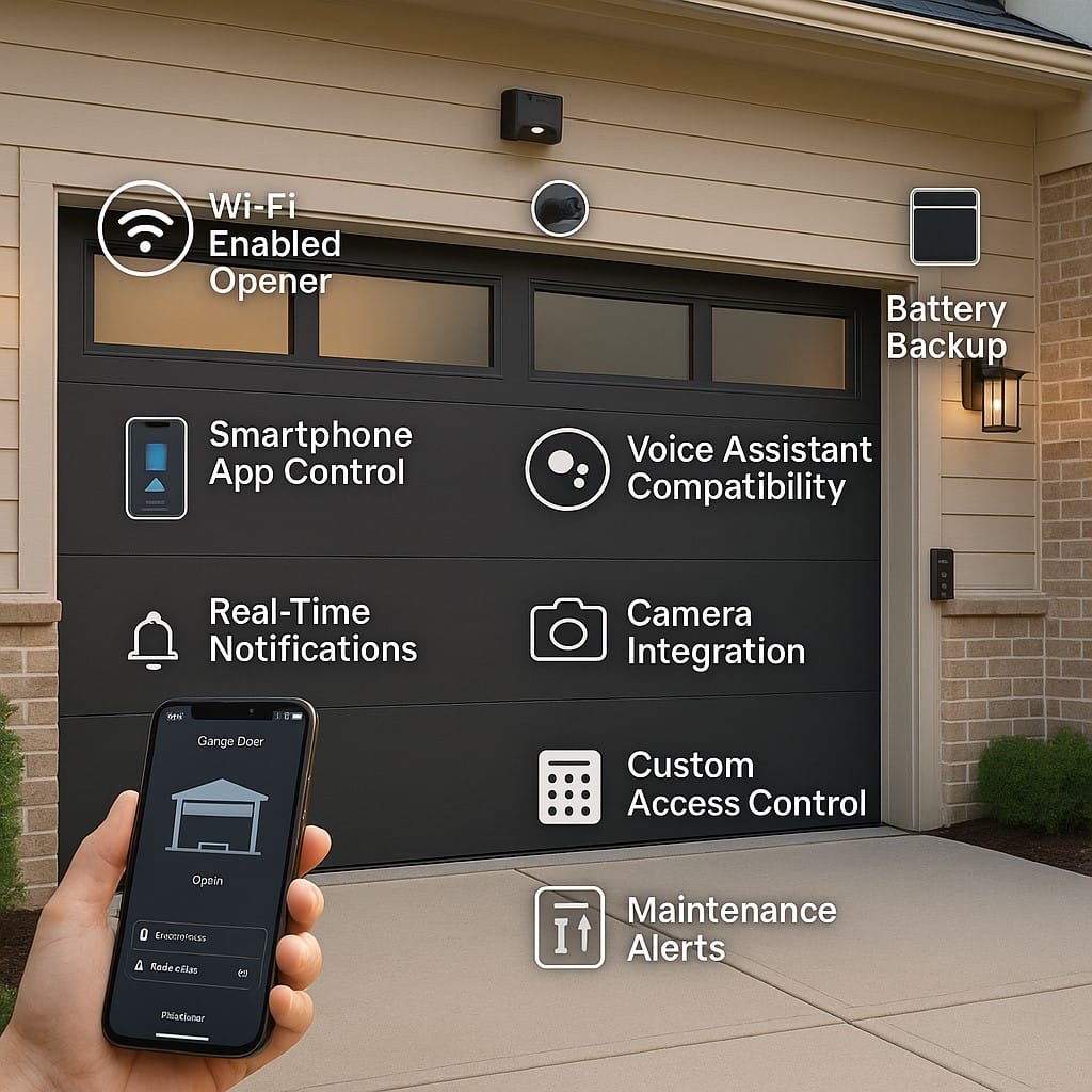 The Different Types of New Garage Doors and How to Choose the Right One 3 New smart garage door with app control, camera, and voice assistant features.