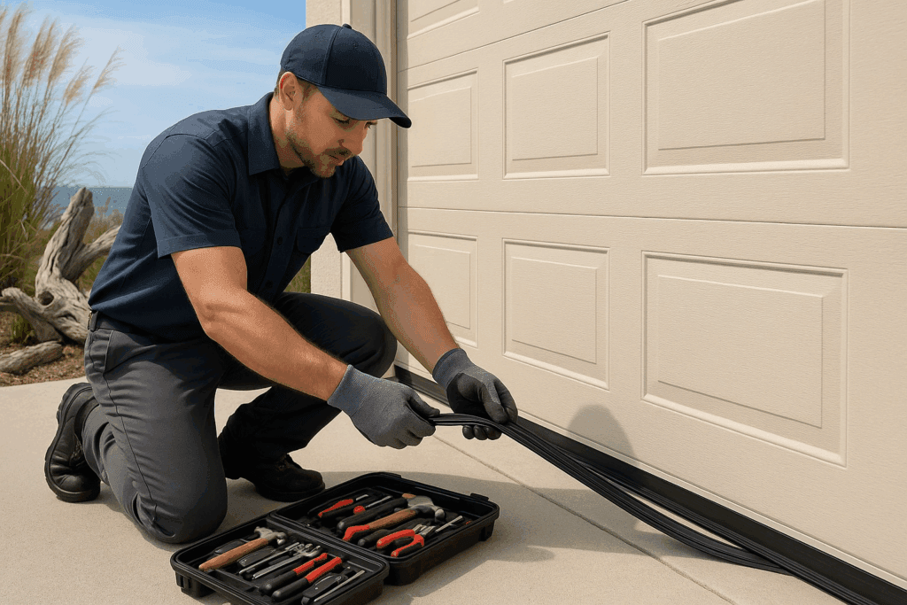 Garage Door Repairs in College Station, TX: What Every Landlord Should Know 3 Garage door technician installing new bottom weather seal to prevent drafts and reduce need for future garage door repairs.