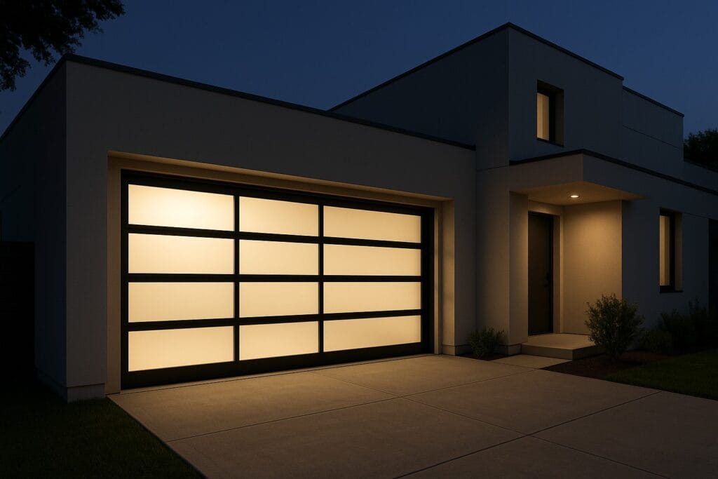Illuminated modern garage doors with sleek glass panels at night.