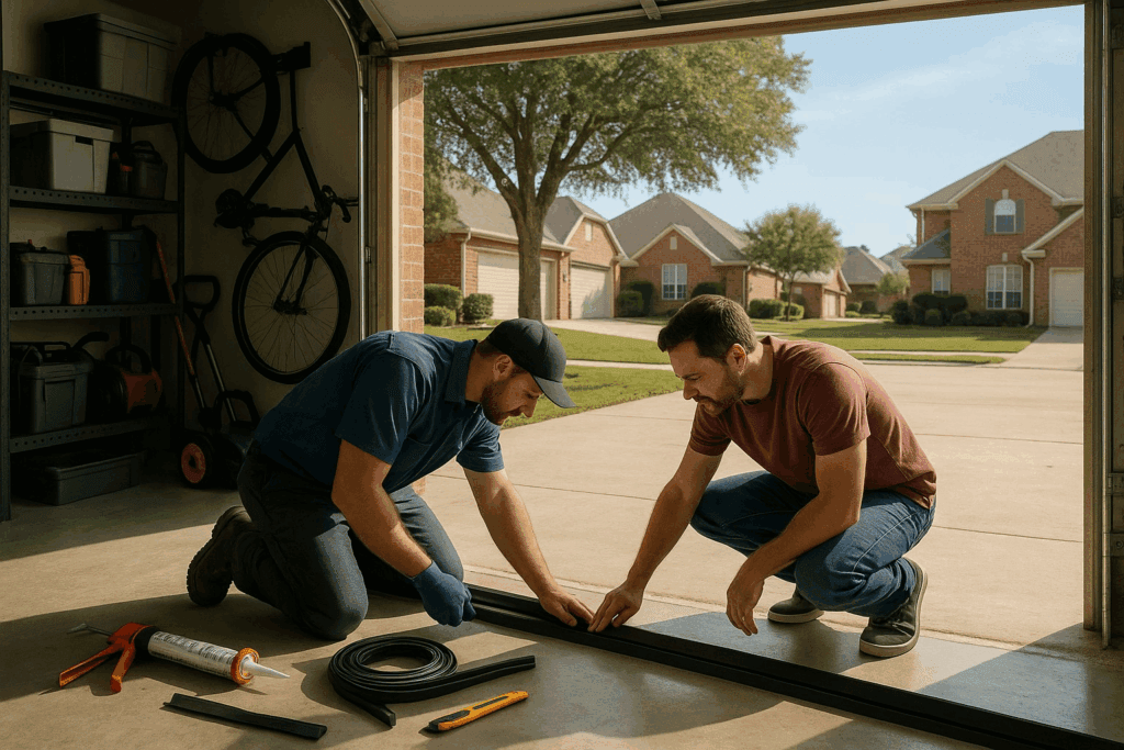 Garage Door Weather Stripping: A Smart Upgrade for College Station Homes 3 Technician and homeowner installing garage door weather stripping for improved insulation and energy efficiency.