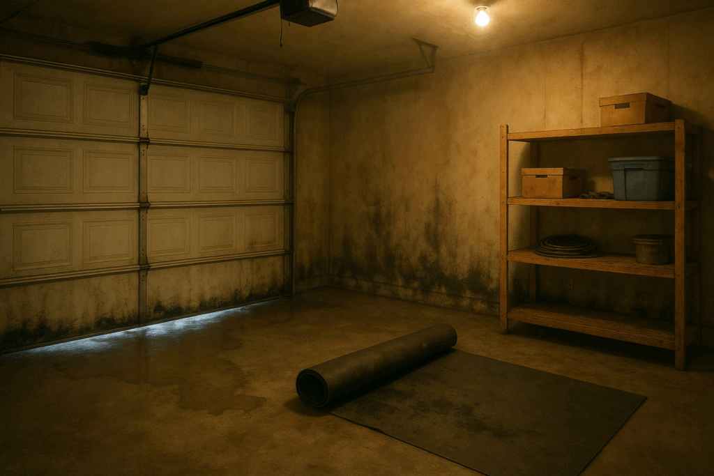 Garage Door Weather Stripping: A Smart Upgrade for College Station Homes 2 Damaged garage door weather stripping causing water leaks and mold growth inside garage.