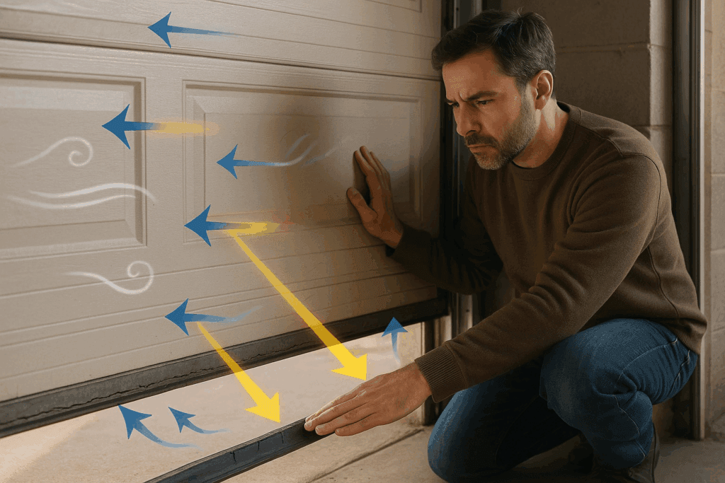 College Station Residents: When to Repair Garage Door for Better Energy Efficiency 2 Man inspecting worn bottom seal letting in drafts and planning to repair garage door.