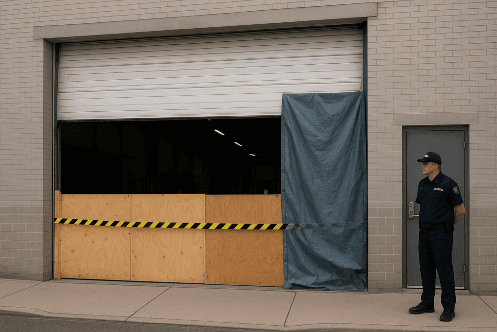 warehouse entrance with temporary cover awaiting commercial garage door repair