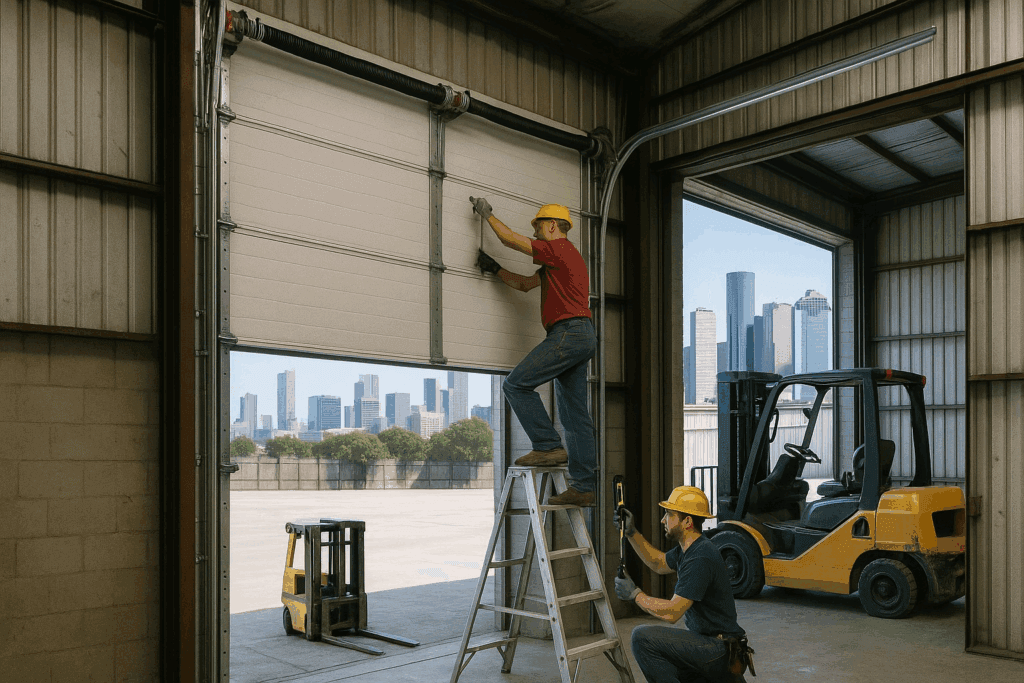 Technicians repairing industrial garage door inside warehouse with forklift and city skyline in background.