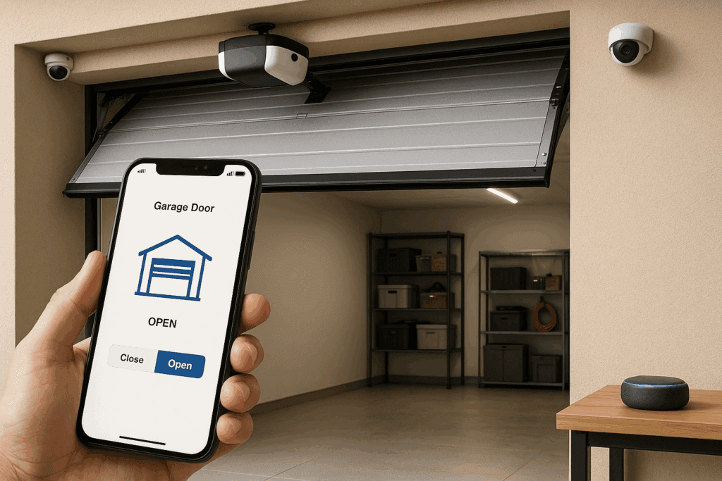 Smartphone app controlling modern garage doors with advanced opener system.