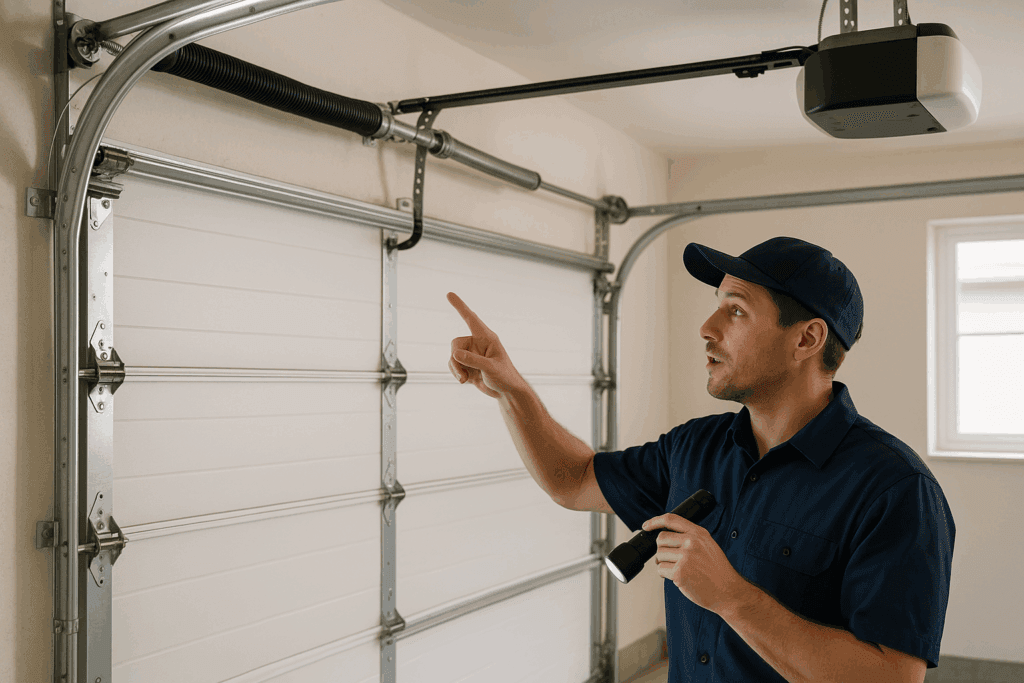 College Station, TX Garage Door Maintenance: Expert Solutions for Longevity 2 Professional technician inspecting a garage door torsion spring and opener system with a flashlight to identify potential issues or maintenance needs.