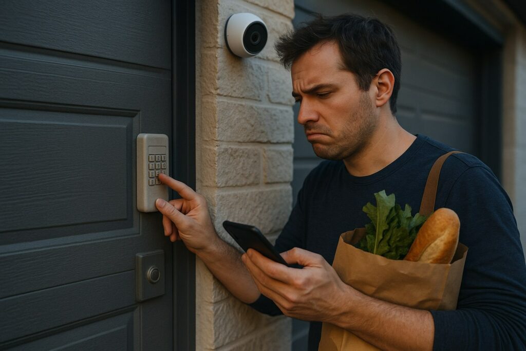 Homeowner frustrated with keypad malfunction needing garage door opener repair outside residential garage.
