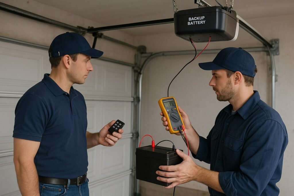 Two technicians testing backup power system during garage door opener repair in residential garage.