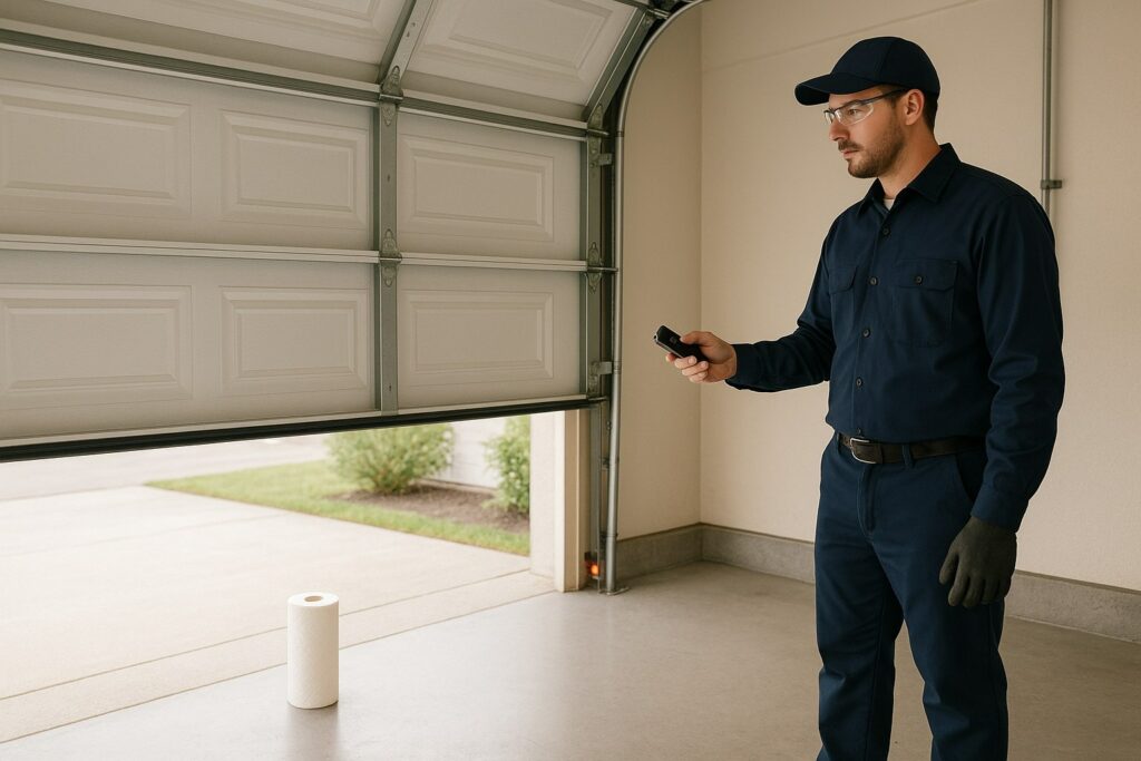 A technician tests automatic garage doors using a remote while a paper towel roll blocks the safety sensor beam.