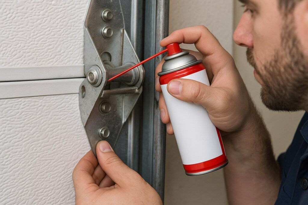 Close up of a person spraying lubricant on a garage door hinge and roller bracket to reduce noise and improve smooth operation.