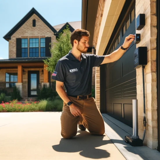 DALL·E 2024-06-07 09.13.30 – A garage door technician inspecting the safety sensors on a modern garage door in a residential area of College Station, TX. The technician is wearing DALL·E 2024-06-07 09.13.30 - A garage door technician inspecting the safety sensors on a modern garage door in a residential area of College Station, TX. The technician is wearing